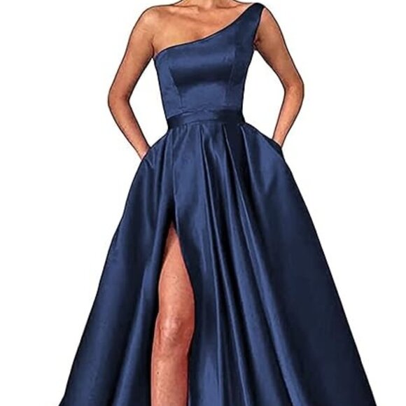 One Shoulder A-Line Satin Long Party Gown Formal Evening Dress High Split - Picture 1 of 3